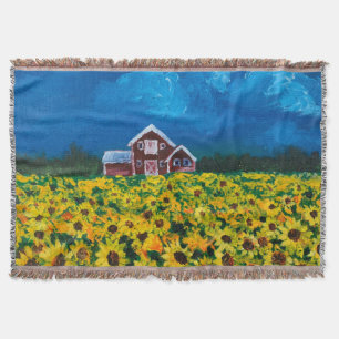 Couverture western country red barn summer sunflower field