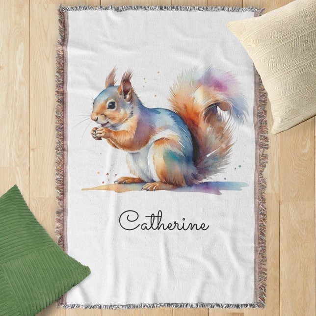Couverture Whimsical Watercolor Squirrel Personalized (A throw blanket with squirrel design in a watercolor style, personalized with a name)