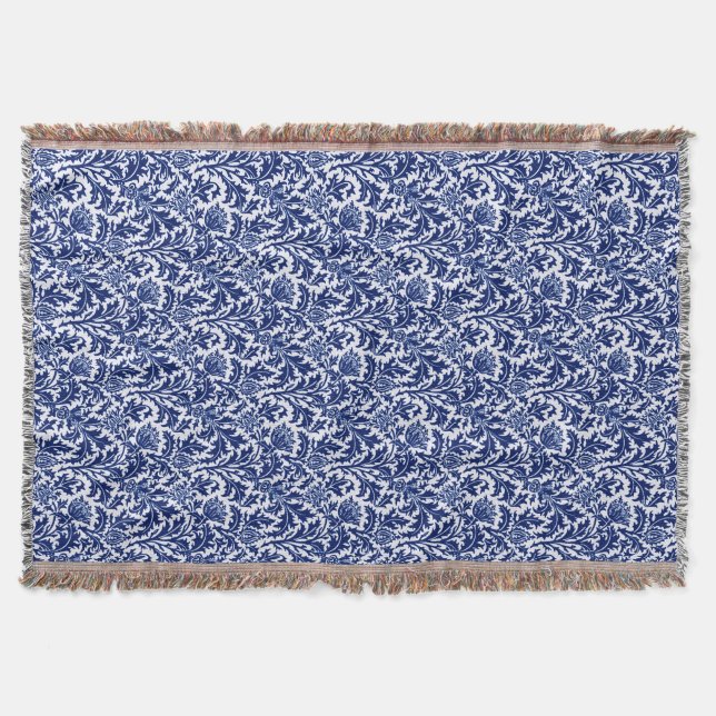 Couverture William Morris Thistle Damask, Cobalt Bleu & Blanc (Devant)