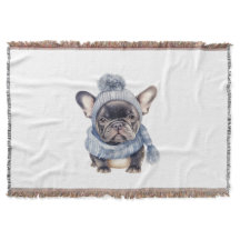 Winter Bulldog Baby in Blue Cap and Scarf 