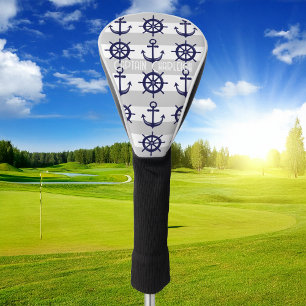 Couvre-club De Golf Ancre Bleu Marine Roue De Bateau Rayures Blanches