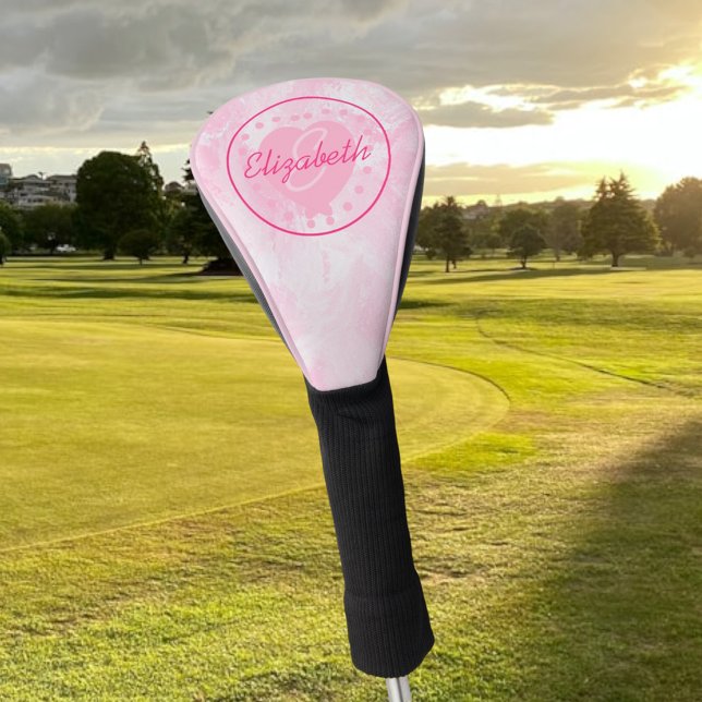 Couvre-club De Golf Aquarelle blanche rose tendance Nom Monogramme (golf club head cover pink white)
