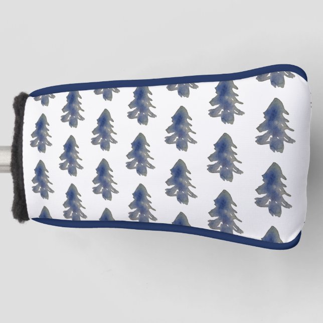 Couvre-club De Golf Aquarelle bleu foncé Forêt Pins Arbres (Devant)
