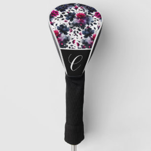 Couvre-club De Golf Aquarelle florale à l'encre magenta rose et bleu