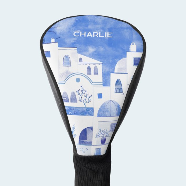 Couvre-club De Golf Aquarelle personnalisée Santorin (Santorini Greece blue and white watercolor personalized name golf head cover)