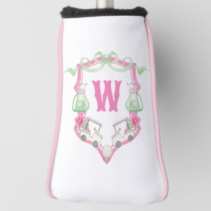 Couvre-club De Golf Aquarelle Pink & Green Golf Panier Monogram Crest