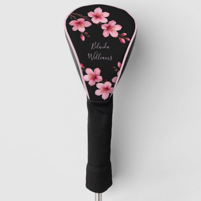 Couvre-club De Golf Aquarelle rose cerisier noir Monogramme en fleurs (Devant)