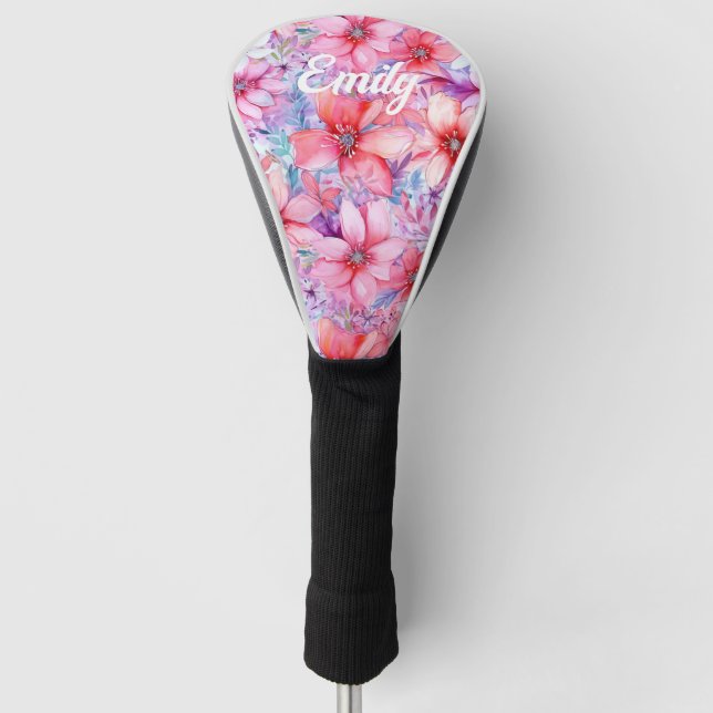 Couvre-club De Golf Aquarelle rose violet Floral Nom personnalisé (Devant)