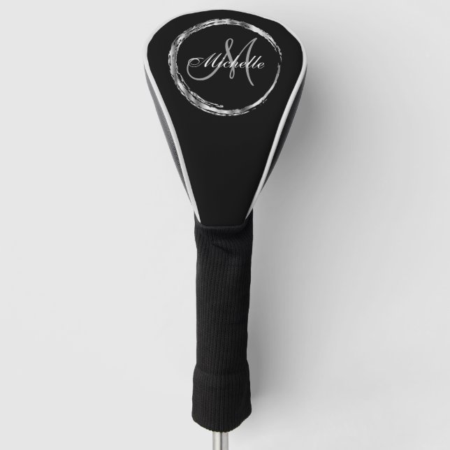 Couvre-club De Golf Argent Abstrait et monogramme noir (Devant)