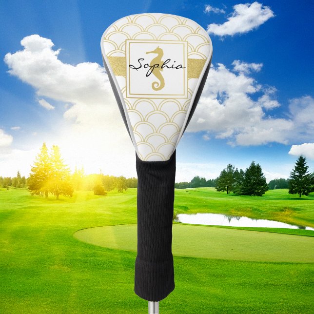 Couvre-club De Golf Art Déco Ocean Wave Patten Gold Seahorse Beach (Créateur téléchargé)