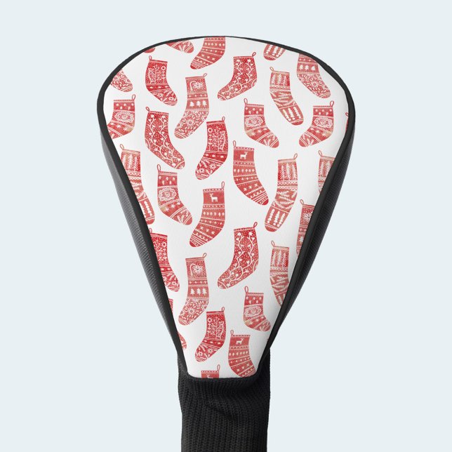 Couvre-club De Golf Bas nordiques douillets (Nordic Scandinavian red and white sock or stockings pattern golf head cover)