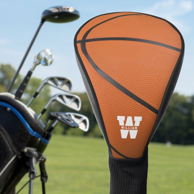 Couvre-club De Golf Basketball Sport Orange et Noir Nom Monogramme (Basketball Sport Orange & Black Name Monogram Golf Head Cover)
