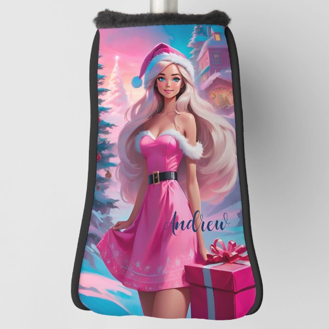 Couvre-club De Golf Belle fille de Noël rose 01 (Tourné à 90°)