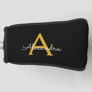 Couvre-club De Golf Black Gold Modern Script Girl Monogramme Nom