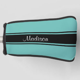 Couvre-club De Golf Black Strips Turquoise Light Nom du script Monogra