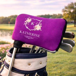 Couvre-club De Golf Blason Botanique Violet Élégant Monogramme Féminin