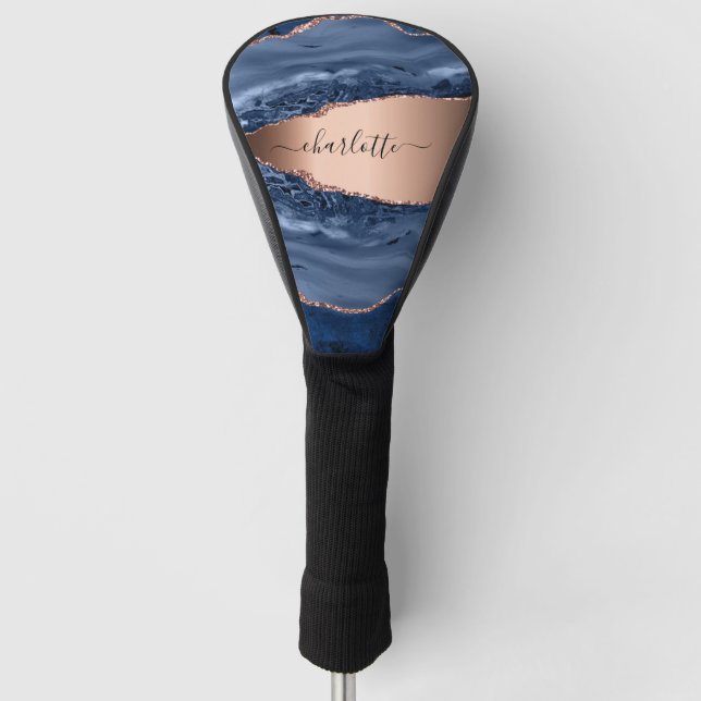 Couvre-club De Golf Bleu agate marbre rose or nom script (Devant)