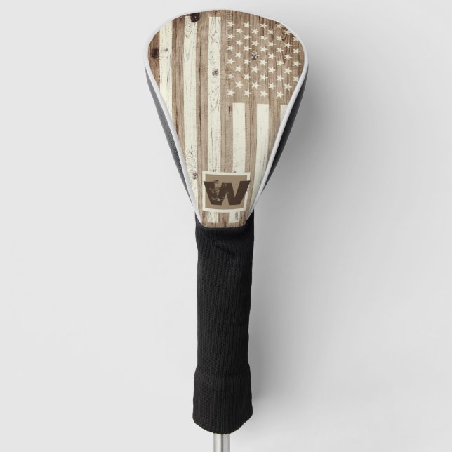 Couvre-club De Golf Bois rustique USA Drapeau Monogramme (Devant)