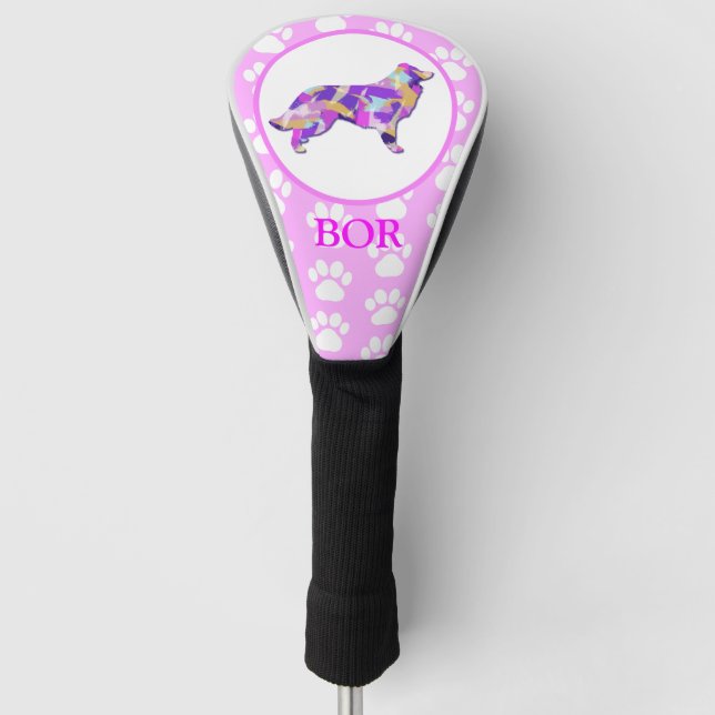 Couvre-club De Golf Bordure Collie Chien Silhouette rose Paw PY&B (Devant)