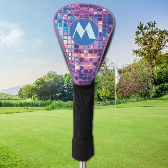 Couvre-club De Golf Boule Disco Bleu super & Violet Personnalisée (groovy blue and purple disco ball personalized monogram golf club driver cover)