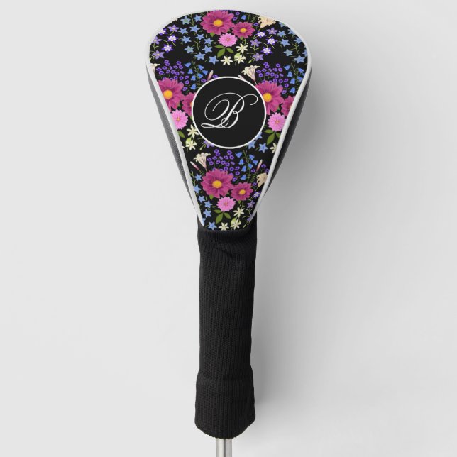 Couvre-club De Golf Bouquet de fleurs Monogramme noir (Devant)
