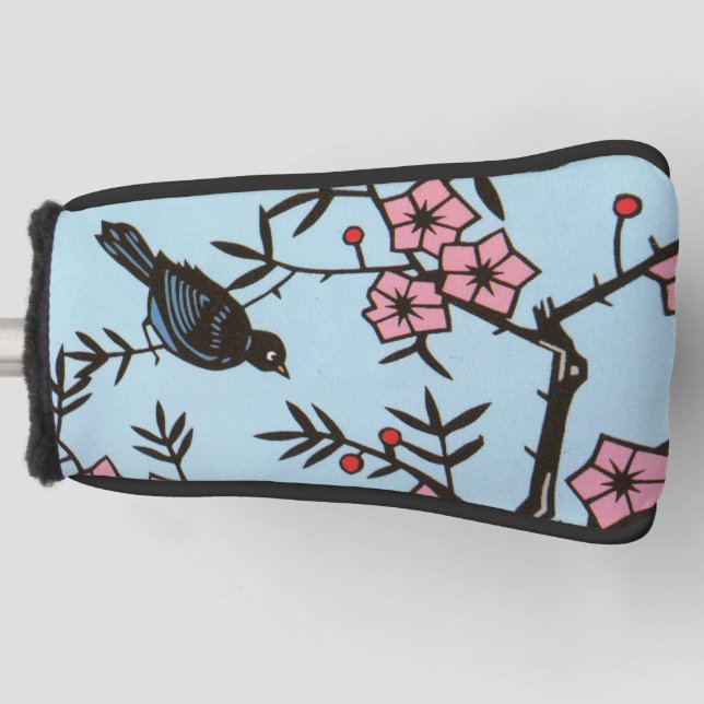 Couvre-club De Golf Branches d'oiseaux noirs de cerisier Fleurs roses (Devant)