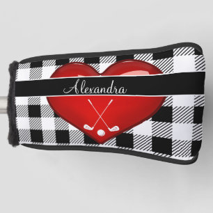 Couvre-club De Golf Buffalo Plaid Noir blanc clubs de golf coeur rouge