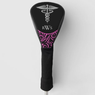 Couvre-club De Golf Caduceus Black Rose Swirl Docteur Monogramme