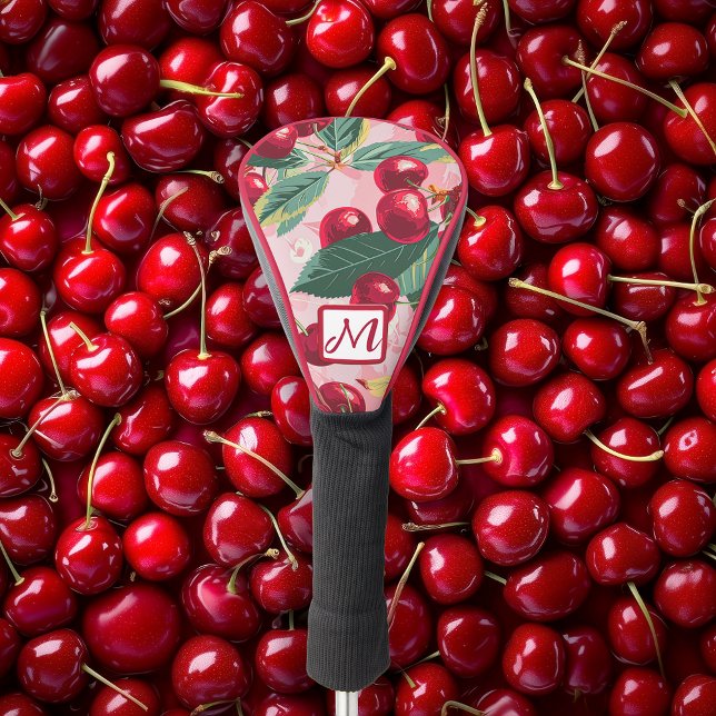 Couvre-club De Golf Cerise Joyeuse Rétro Rose Monogrammé  (Retro Cherry Pop Monogrammed Golf Head Cover )