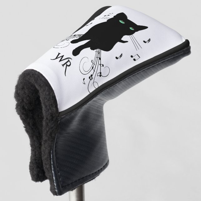 Couvre-club De Golf Chat noir entouré de notes de monogramme musical (Devant 3/4)