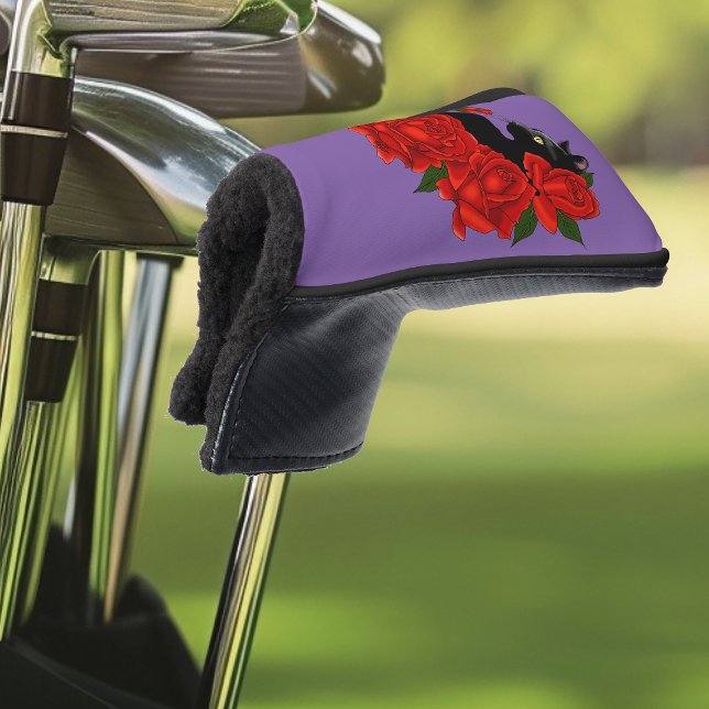 Couvre-club De Golf Chat noir Roses rouges pourpres (Créateur téléchargé)