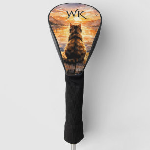 Couvre-club De Golf Chat sur le quai au coucher du soleil Monogramme