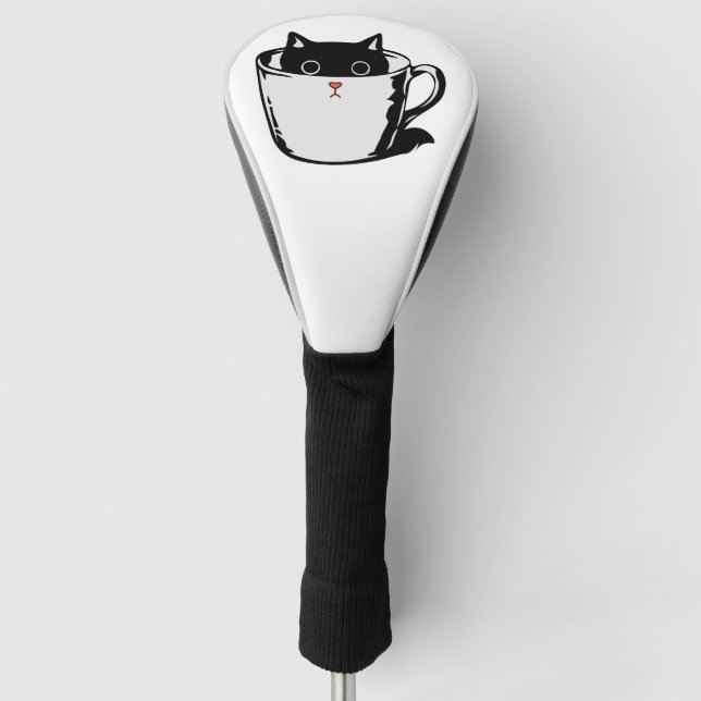 Couvre-club De Golf Chaton noir avec nez rouge caché dans une tasse (Devant)