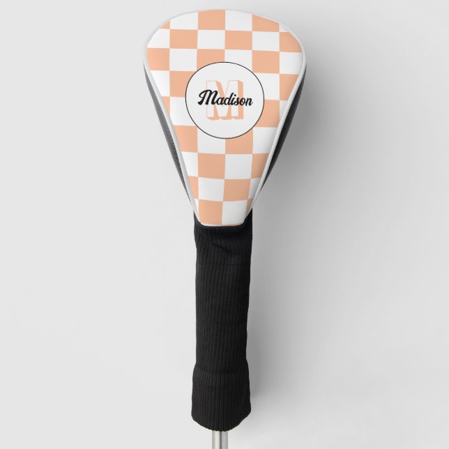 Couvre-club De Golf Checkered peach white geometric retro Monogram (Devant)