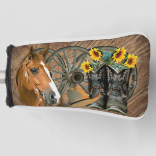 Couvre-club De Golf Cheval Cowboy Boots Wagon Wheels Sunflowers Wester