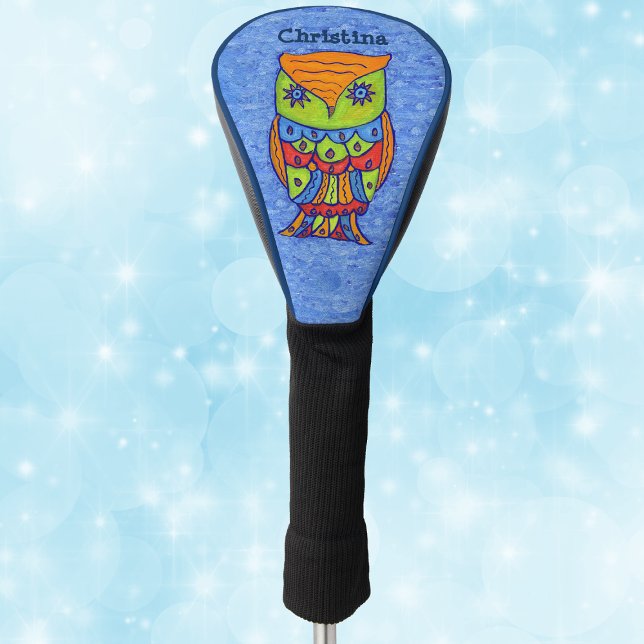 Couvre-club De Golf Chouette blanche Couleurs vives étoile Yeux bleu (Fantasy owl in bright colours star eyes on blue golf club cover.)