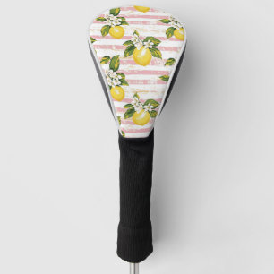 Couvre-club De Golf Citrons et fleurs vintages sur bandes rose et blan