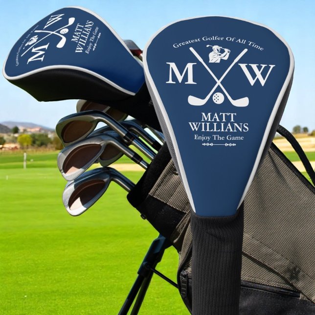 Couvre-club De Golf Clubs croisés avec Golfer Name cool bleu (Créateur téléchargé)