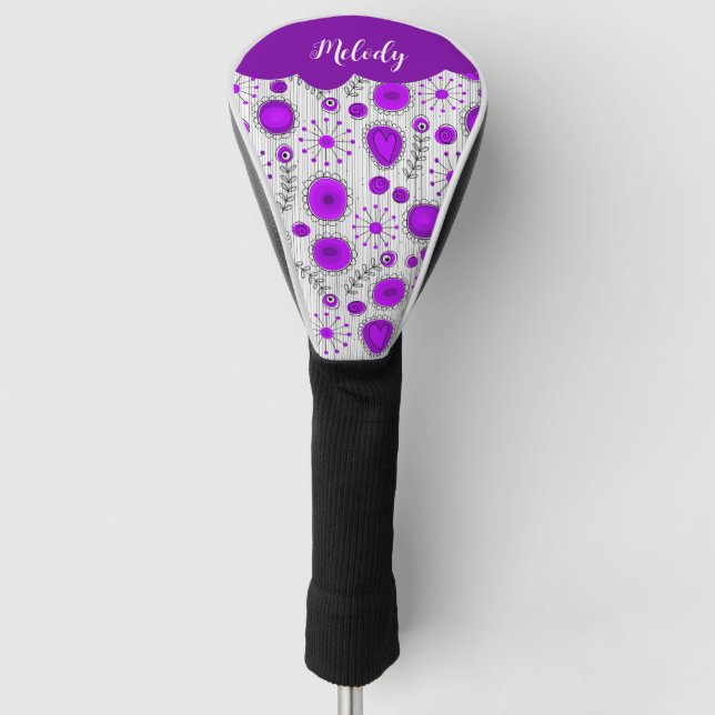 Couvre-club De Golf Coeurs blancs violet blanc Whimsical fleurs nom fl (Devant)