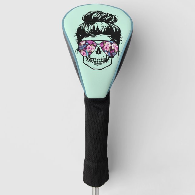Couvre-club De Golf Cool Retro Skull Sunglasses Messy Bun Turquoise fe (Devant)