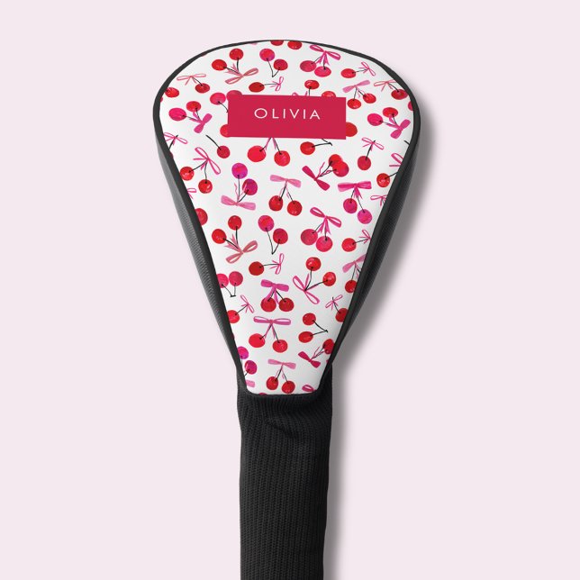 Couvre-club De Golf Coquette Cherry & Bow (Coquette cherry and bow girly pattern golf head cover. Personalize with your own name or initials.)