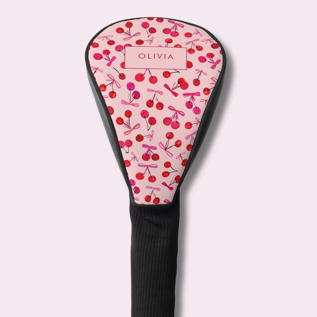 Couvre-club De Golf Coquette Cherry & Bow (Coquette cherry & bow pattern pink golf head cover. Personalize with your own name or initials.)