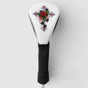 Couvre-club De Golf Croix d'argent avec une rose rouge