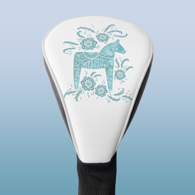 Couvre-club De Golf Dala suédois Cheval Turquoise Green Folk Art (Swedish Dala Horse teal green and white folk art golf head cover)