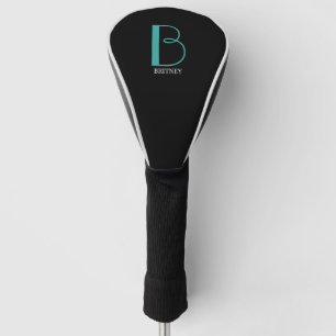 Couvre-club De Golf DIY Large Monogram & Name, Teal/White Text, Black