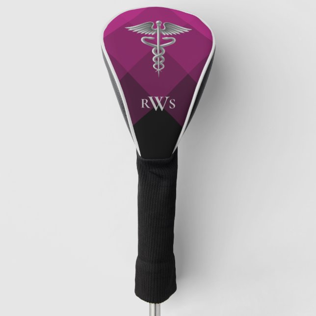 Couvre-club De Golf Docteur Caduceus Médicale rose noir Monogramme (Devant)