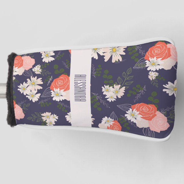 Couvre-club De Golf Doodles floraux gras en rose pêche et bleu marine (Devant)