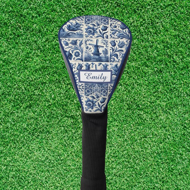 Couvre-club De Golf Elégant Carreaux Delft Personnalisé (Elegant golf head cover, blue and white tiled design with personalization )