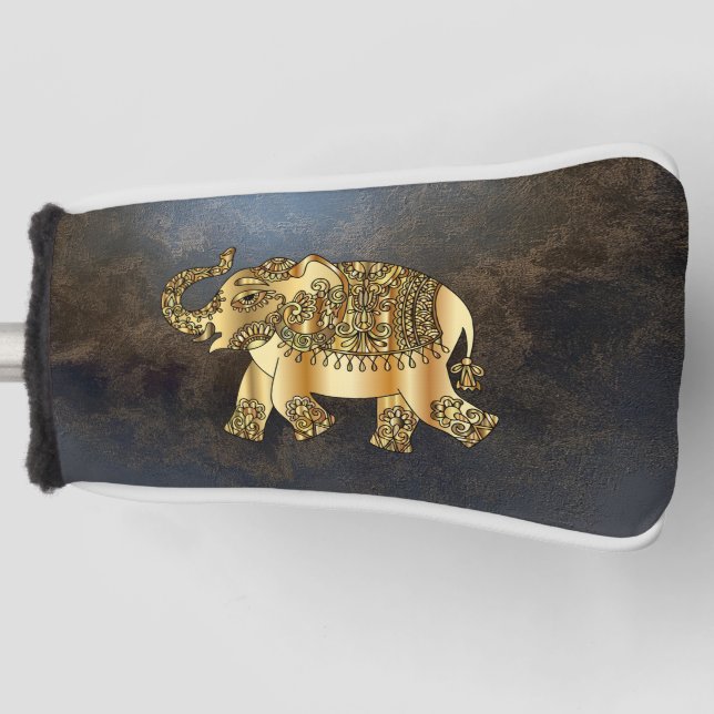 Couvre-club De Golf Elégant Eléphant Floral Paisley Or, Look Cuir (Devant)