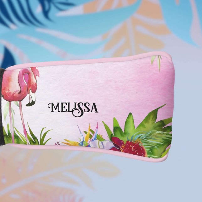 Couvre-club De Golf Élégant Flamant rose tropical floral (Tropical watercolor flamingo floral with personlization.)